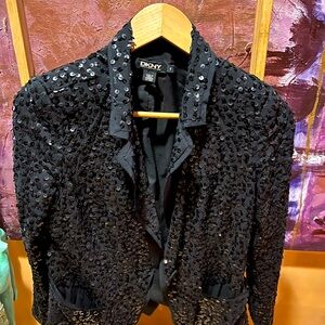 Beautiful form fitted sequence, Donna Karen, mid length jacket